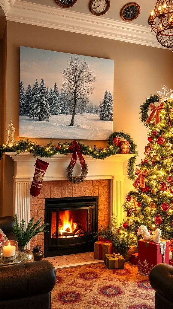 Christmas Painting Decorations Ideas A Christmas-themed living room with a winter landscape painting, festive decorations, and a Christmas tree.